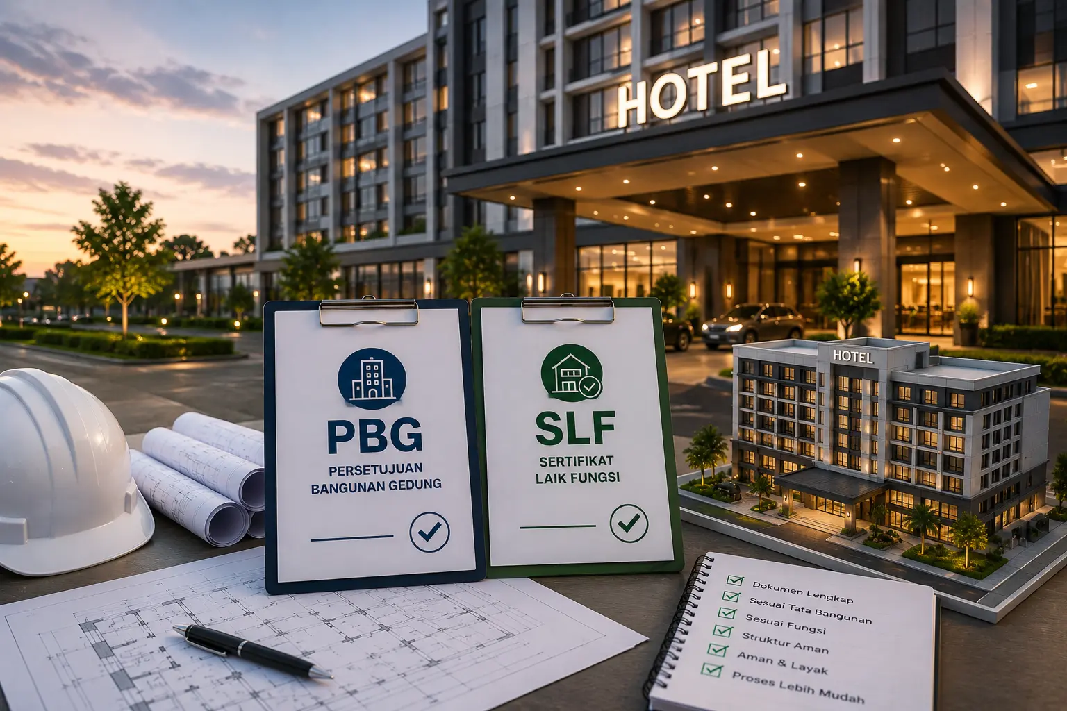 Gedung hotel modern dengan arsitektur elegan