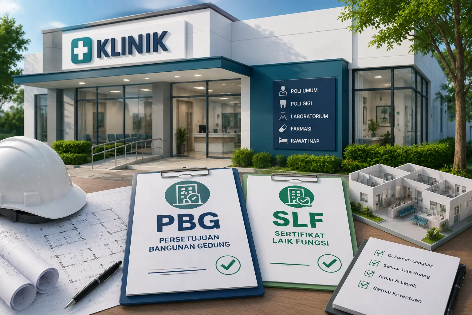 Bangunan klinik modern dengan fasilitas kesehatan lengkap