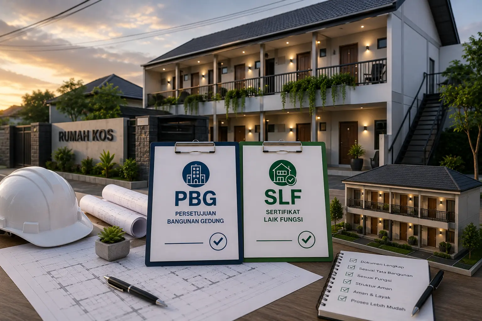 Bangunan rumah kos dengan beberapa lantai dan area parkir
