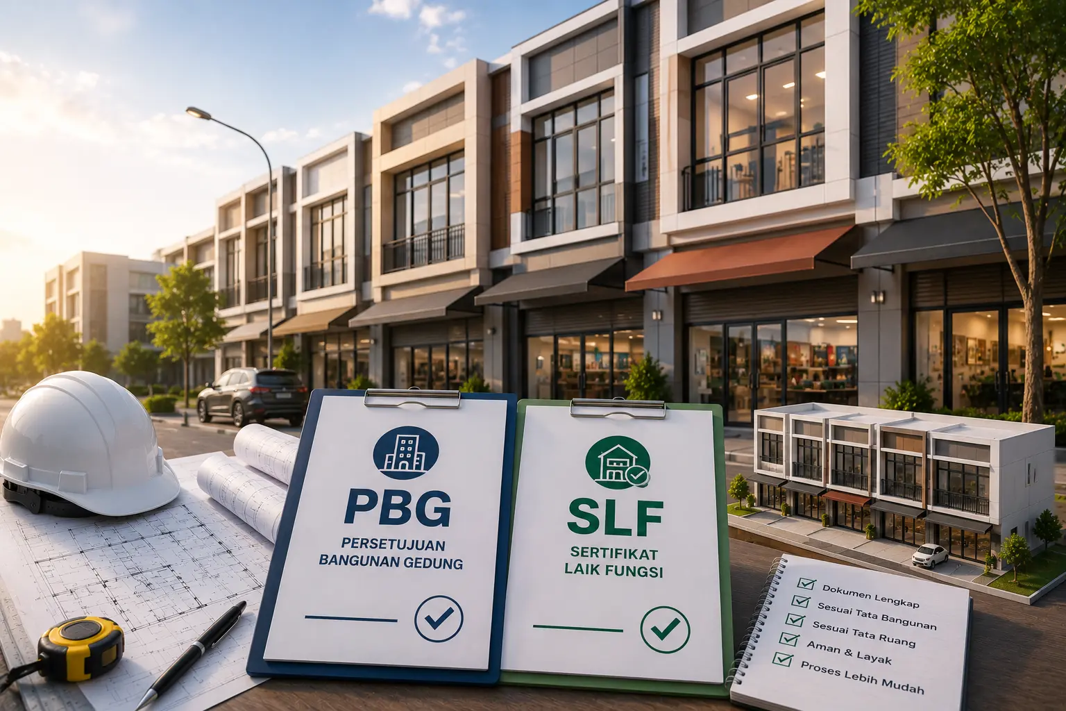 Ruko dua lantai dengan desain facade dan area parkir